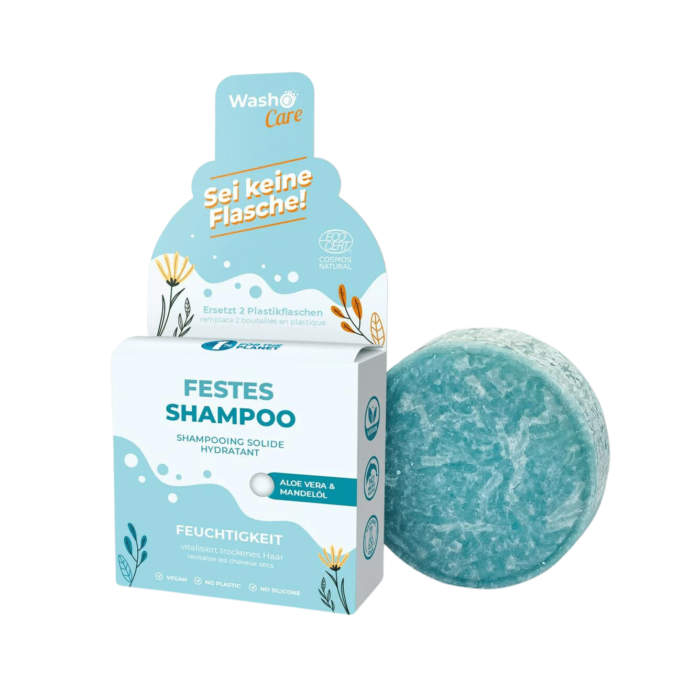 Festes Shampoo "Feuchtigkeit" -Washo Care von vorne mit Verpackung.